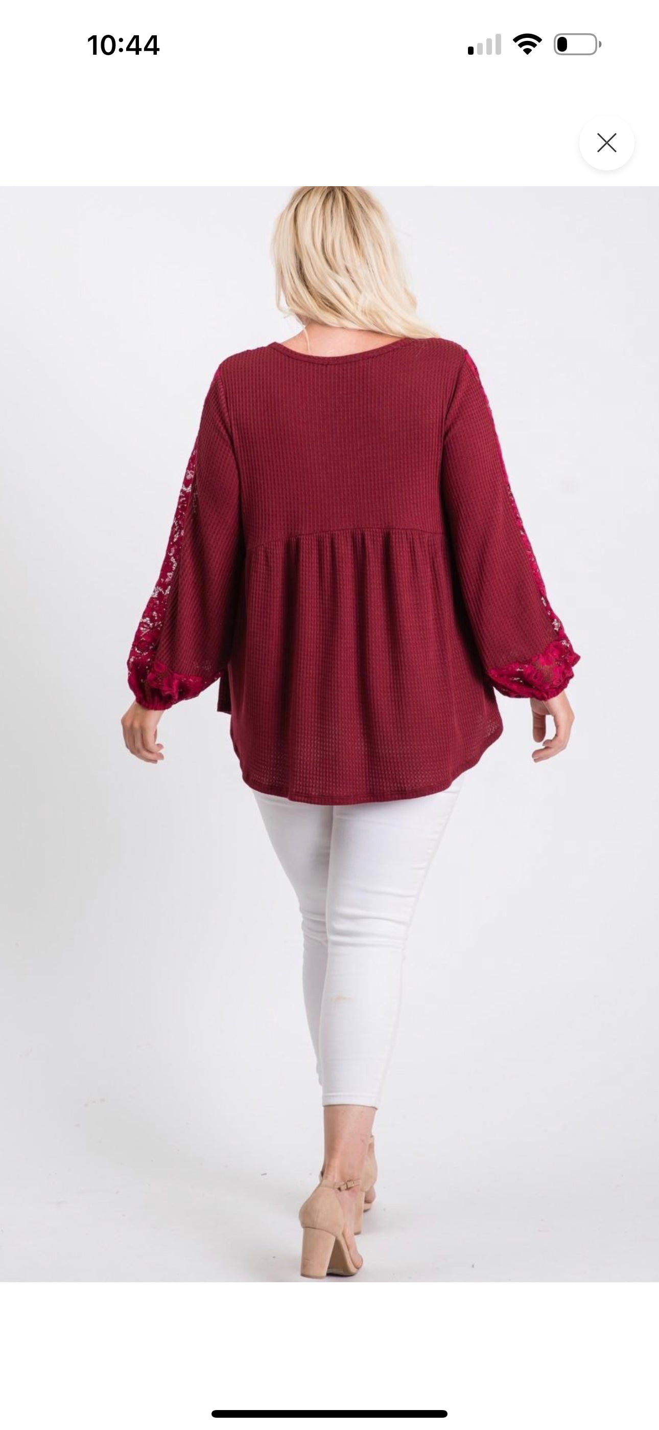 Burgundy solid waffle babydoll top with lace panel sleeves