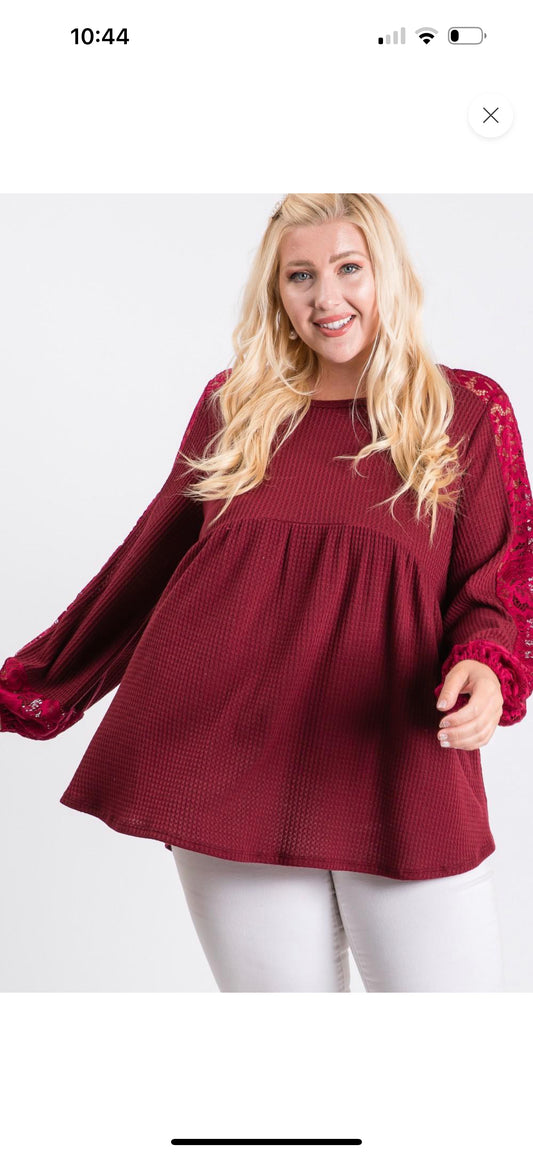 Burgundy solid waffle babydoll top with lace panel sleeves