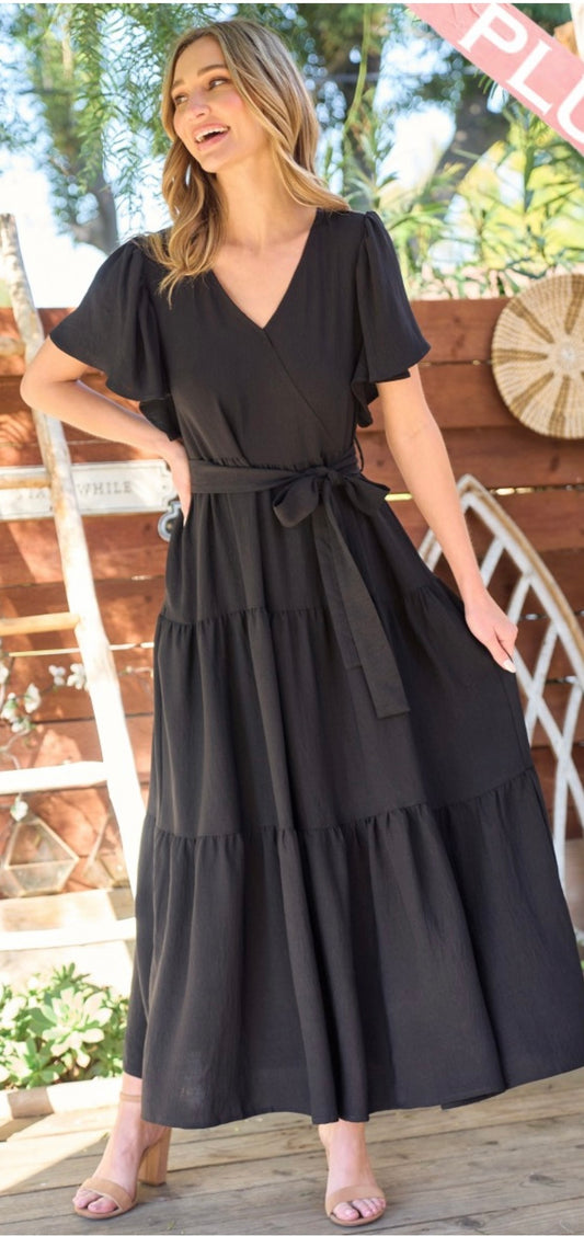 Beautiful long black dress with belt and pockets