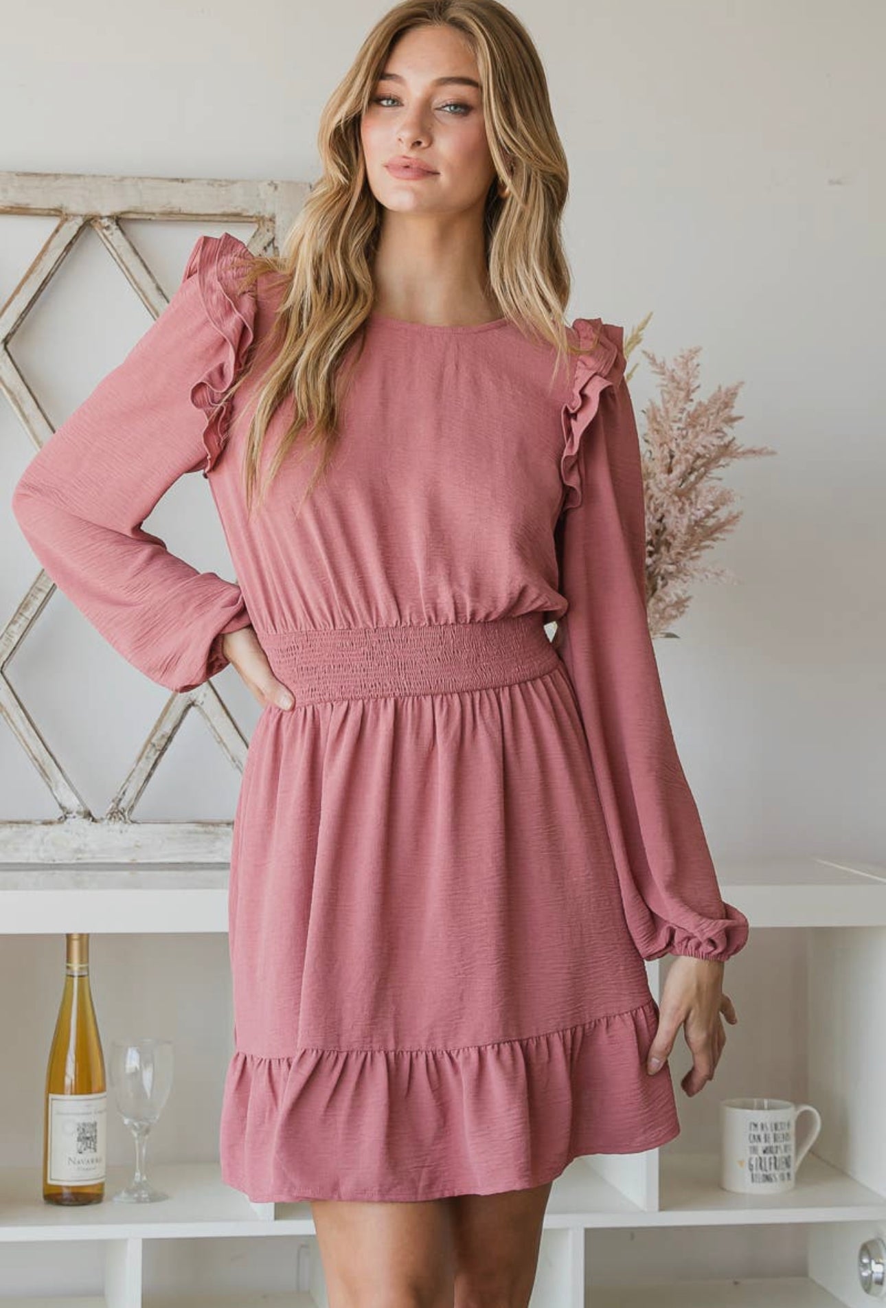 Beautiful smocked waist textured woven round neck dress